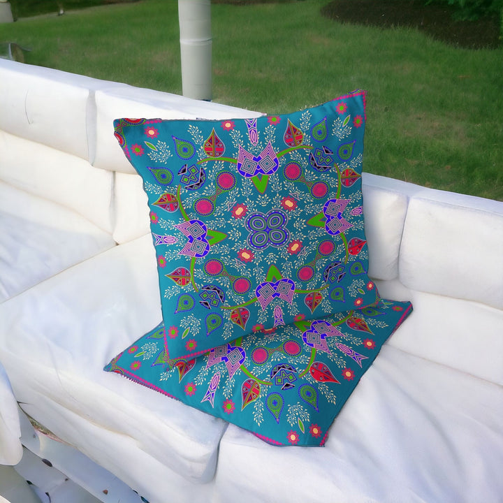 Set of Two 16" X 16" Blue and Green Blown Seam Paisley Indoor Outdoor Throw Pillow