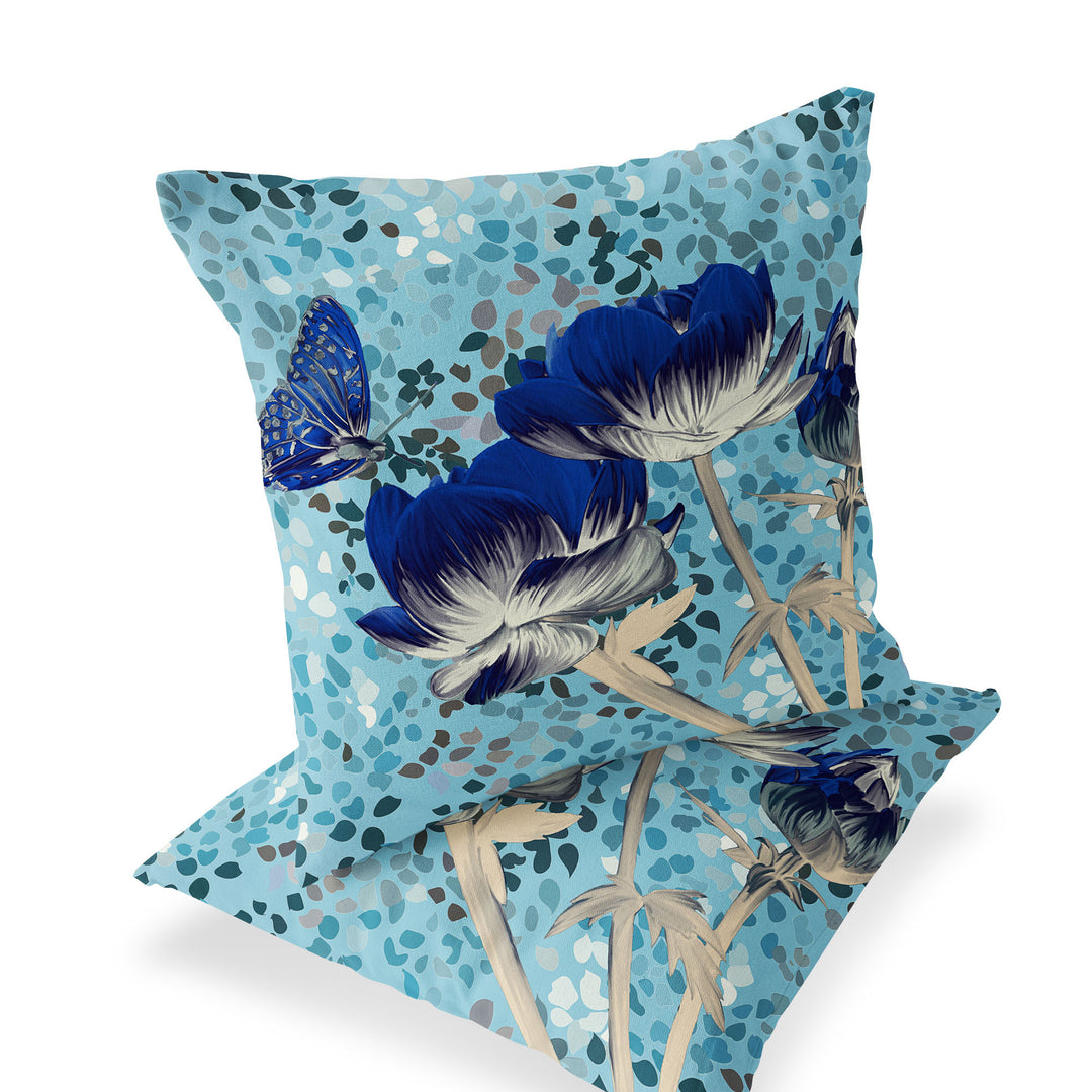 Set of Two 16" X 16" Blue and Gray Butterfly Blown Seam Floral Indoor Outdoor Throw Pillow