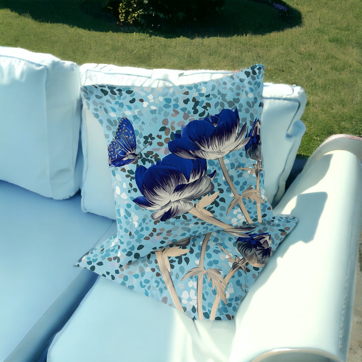 Set of Two 16" X 16" Blue and Gray Butterfly Blown Seam Floral Indoor Outdoor Throw Pillow