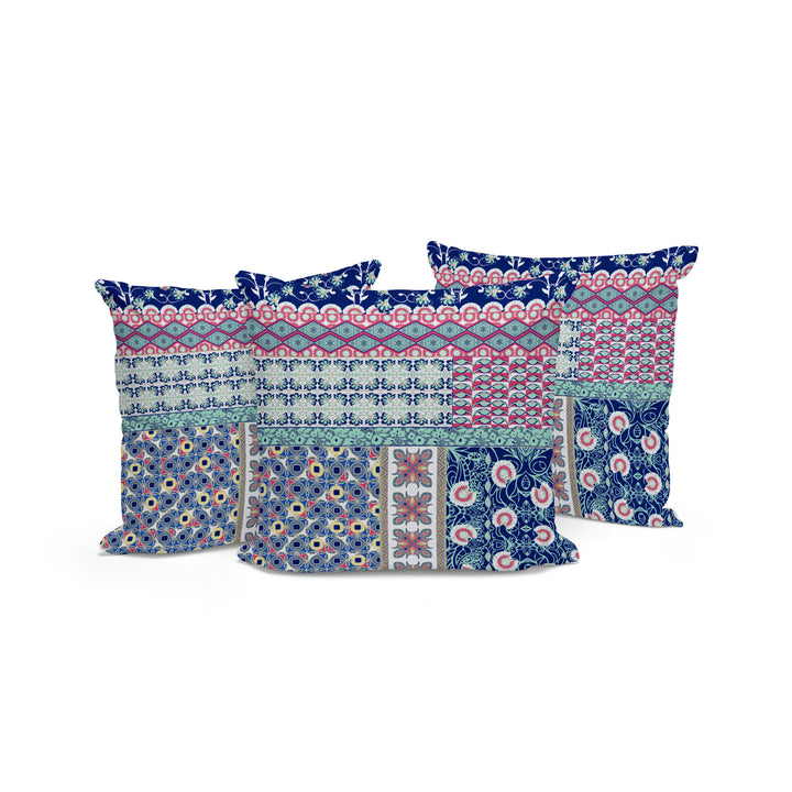 Set of Three 16" X 16" Blue and Pink Botanical Indoor Outdoor Throw Pillow