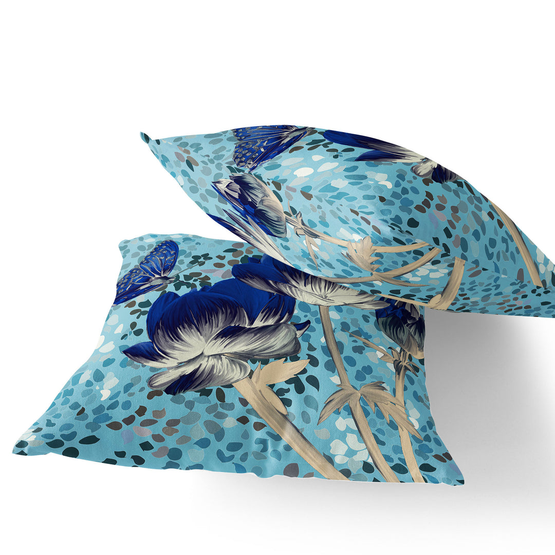 Set of Two 16" X 16" Blue and Gray Butterfly Blown Seam Floral Indoor Outdoor Throw Pillow