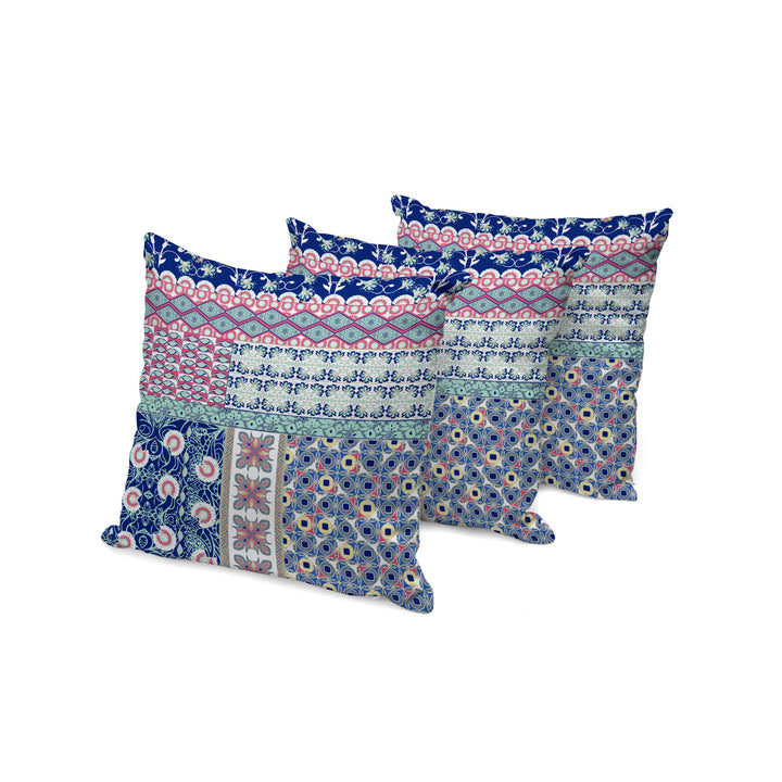 Set of Three 16" X 16" Blue and Pink Botanical Indoor Outdoor Throw Pillow