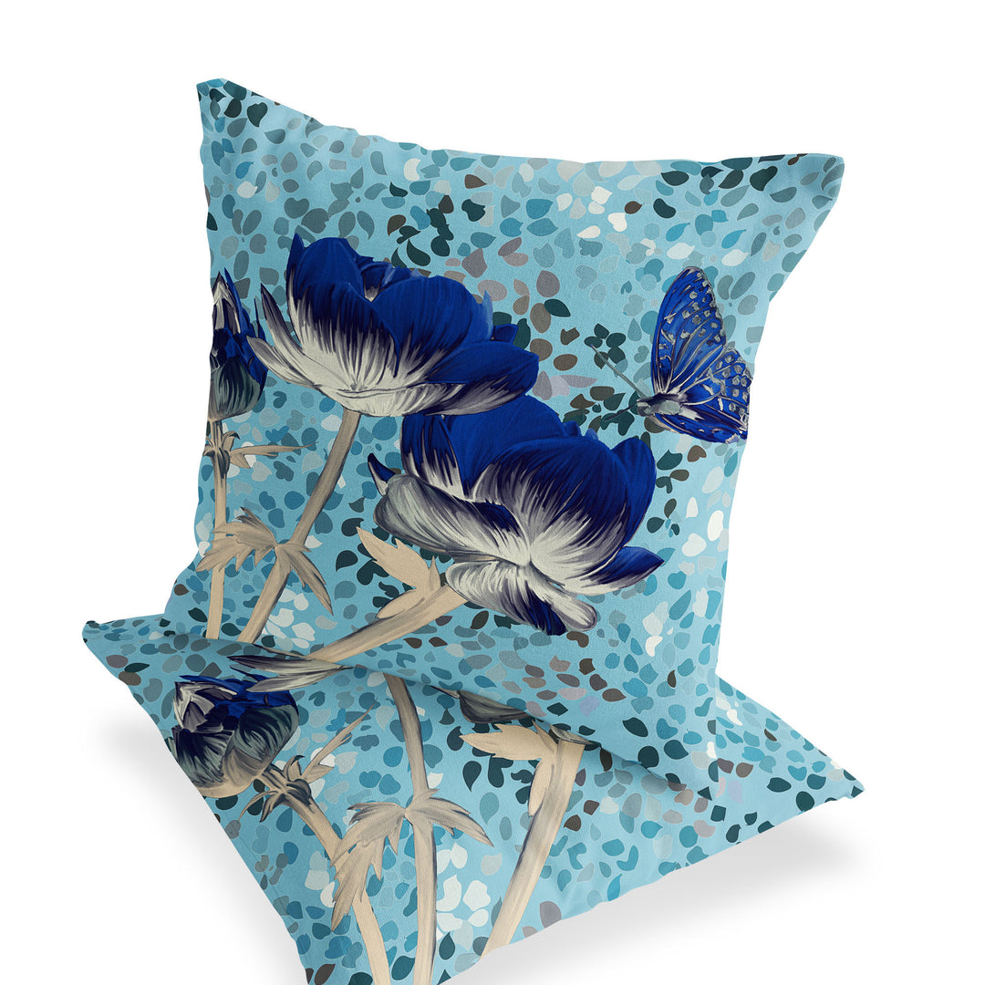 Set of Two 16" X 16" Blue and Gray Butterfly Blown Seam Floral Indoor Outdoor Throw Pillow