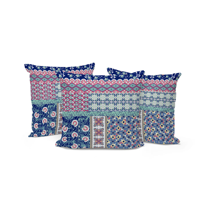 Set of Three 16" X 16" Blue and Pink Botanical Indoor Outdoor Throw Pillow