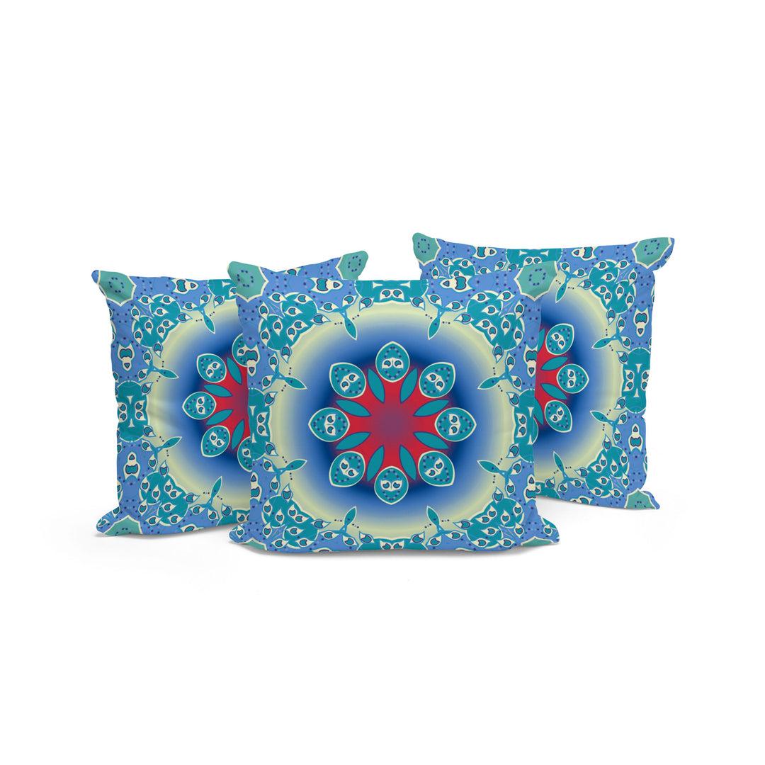 Set of Three 16" X 16" Blue and Green Abstract Indoor Outdoor Throw Pillow