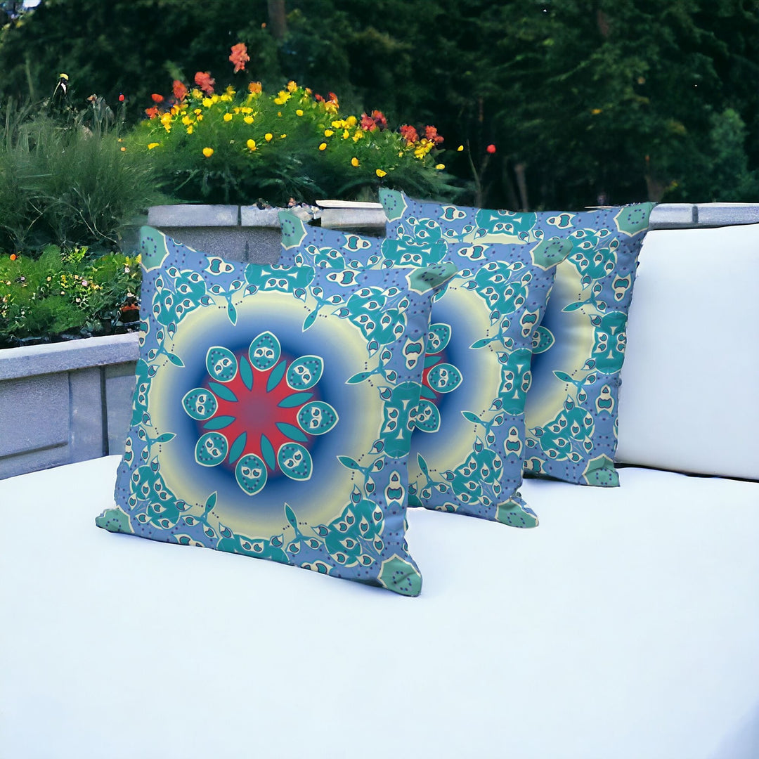 Set of Three 16" X 16" Blue and Green Abstract Indoor Outdoor Throw Pillow