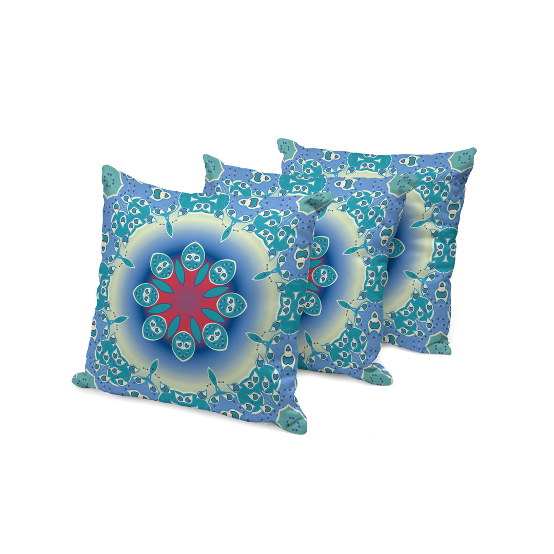 Set of Three 16" X 16" Blue and Green Abstract Indoor Outdoor Throw Pillow