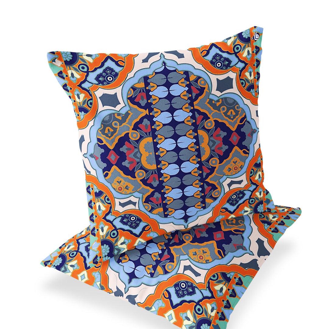 Set of Two 16" X 16" Blue and Orange Blown Seam Floral Indoor Outdoor Throw Pillow