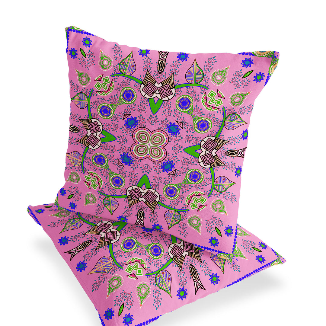 Set of Two 16" X 16" Pink Blown Seam Abstract Indoor Outdoor Throw Pillow