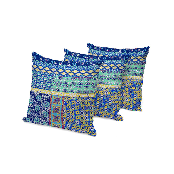 Set of Three 16" X 16" Blue and Yellow Botanical Indoor Outdoor Throw Pillow