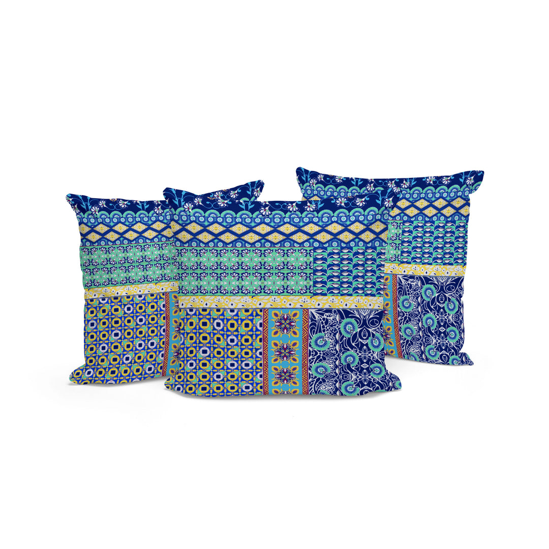 Set of Three 16" X 16" Blue and Yellow Botanical Indoor Outdoor Throw Pillow