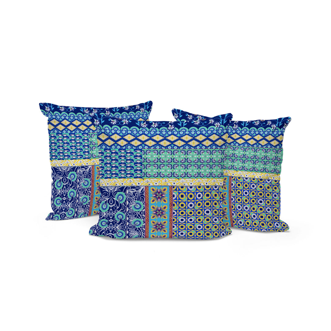 Set of Three 16" X 16" Blue and Yellow Botanical Indoor Outdoor Throw Pillow