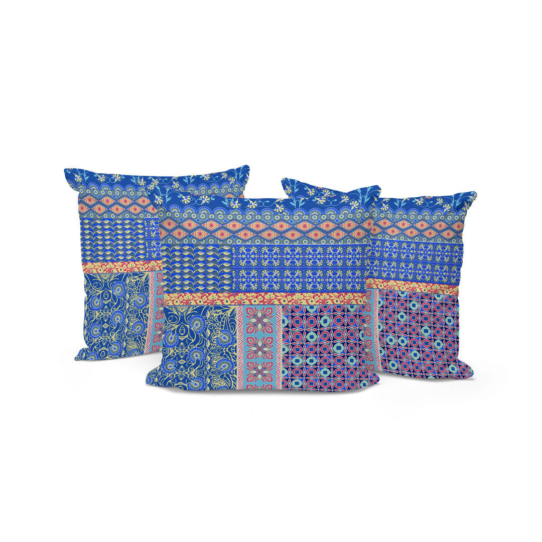 Set of Three 16" X 16" Blue and Yellow Botanical Indoor Outdoor Throw Pillow