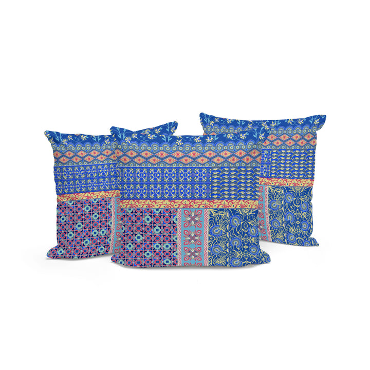 Set of Three 16" X 16" Blue and Yellow Botanical Indoor Outdoor Throw Pillow