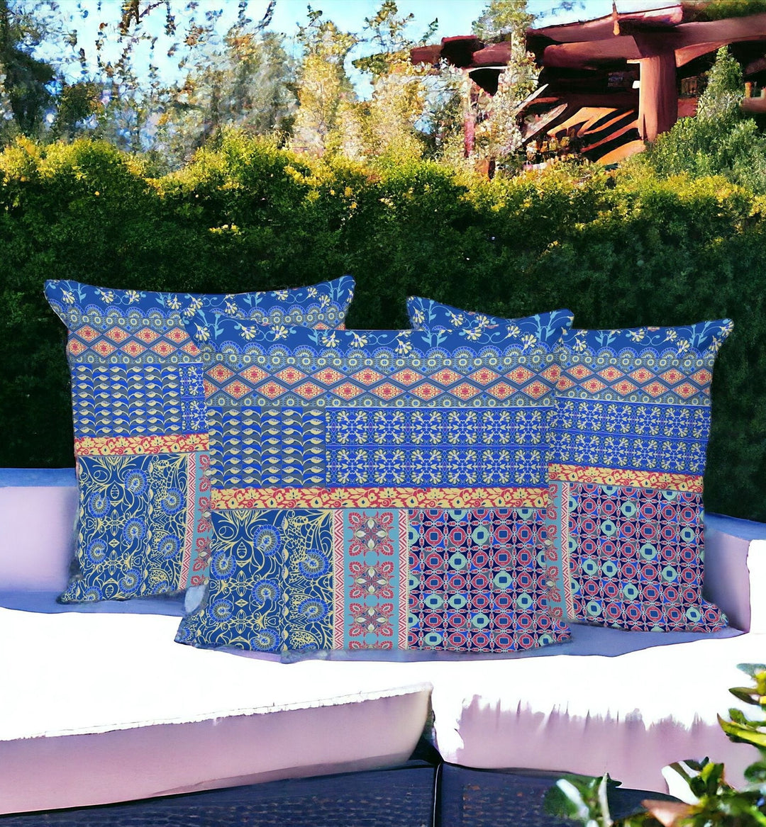 Set of Three 16" X 16" Blue and Yellow Botanical Indoor Outdoor Throw Pillow