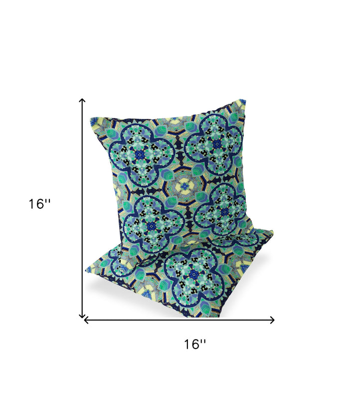 Set of Two 16" X 16" Blue and Green Blown Seam Floral Indoor Outdoor Throw Pillow