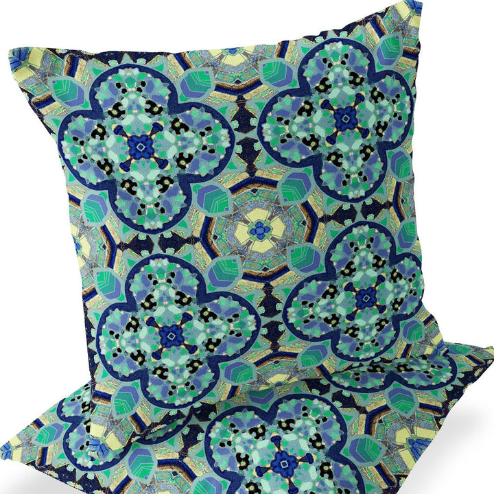 Set of Two 16" X 16" Blue and Green Blown Seam Floral Indoor Outdoor Throw Pillow