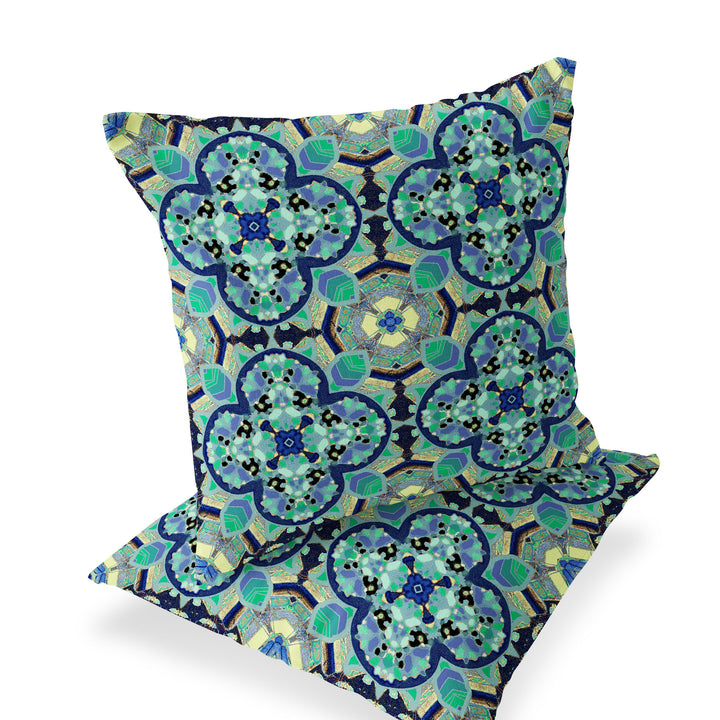 Set of Two 16" X 16" Blue and Green Blown Seam Floral Indoor Outdoor Throw Pillow