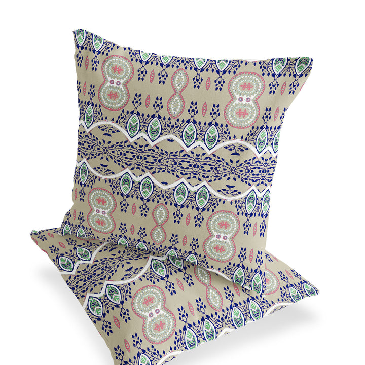 Set of Two 16" X 16" Beige Blown Seam Abstract Indoor Outdoor Throw Pillow