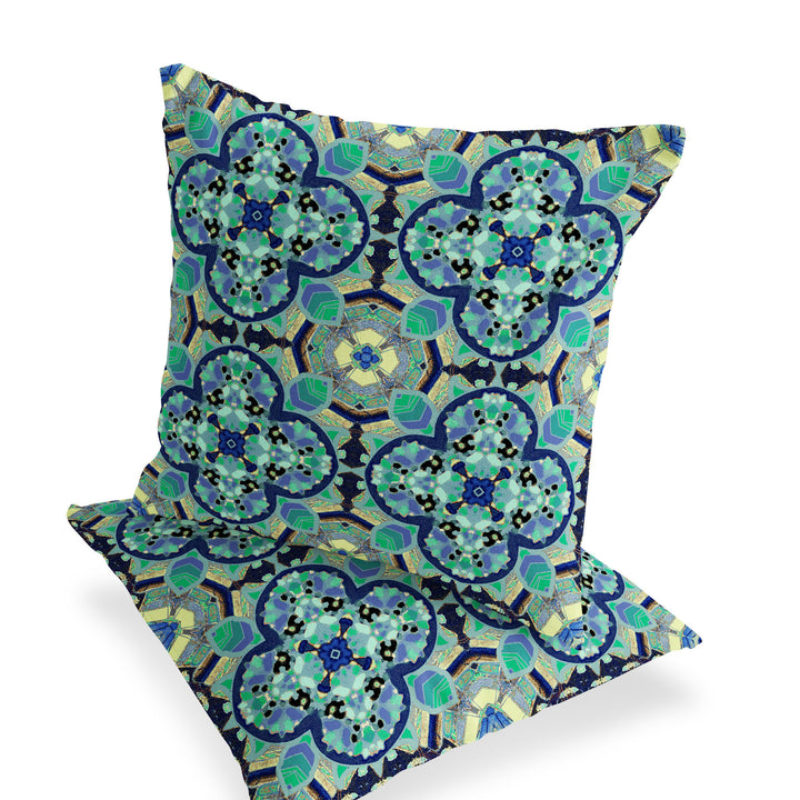 Set of Two 16" X 16" Blue and Green Blown Seam Floral Indoor Outdoor Throw Pillow