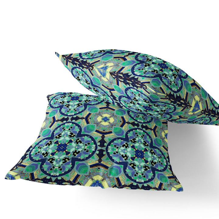 Set of Two 16" X 16" Blue and Green Blown Seam Floral Indoor Outdoor Throw Pillow