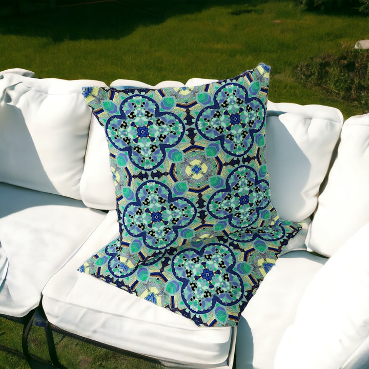 Set of Two 16" X 16" Blue and Green Blown Seam Floral Indoor Outdoor Throw Pillow