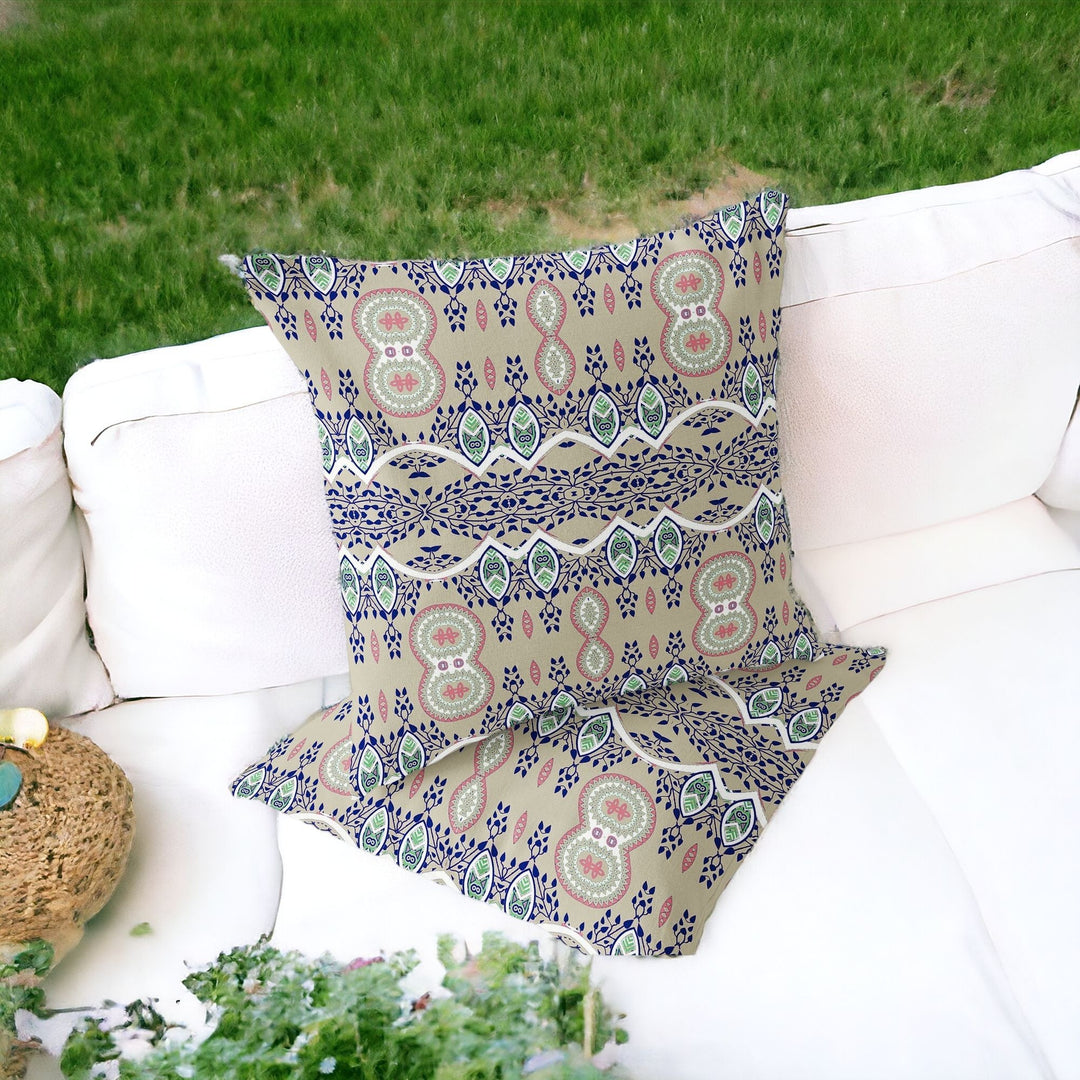 Set of Two 16" X 16" Beige Blown Seam Abstract Indoor Outdoor Throw Pillow