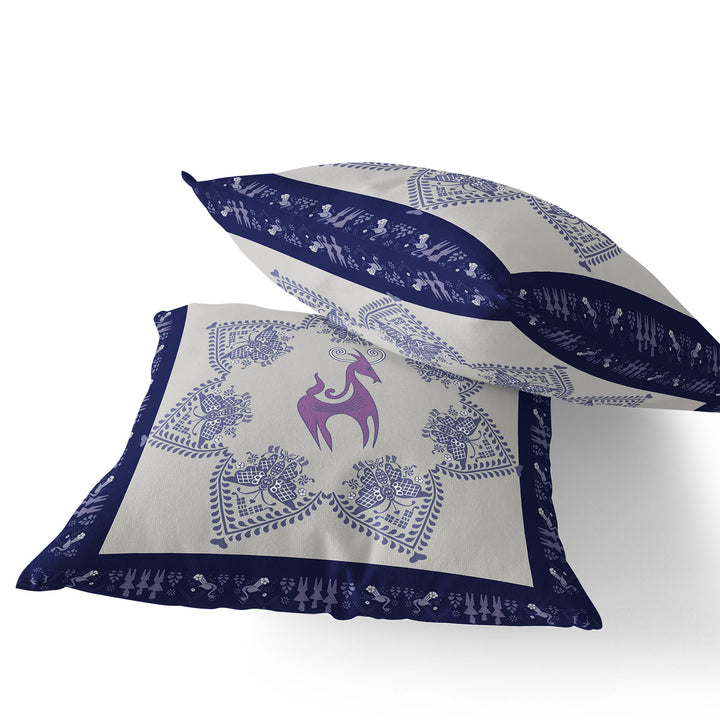 Set of Two 16" X 16" Blue and Purple Horse Blown Seam Eclectic Indoor Outdoor Throw Pillow