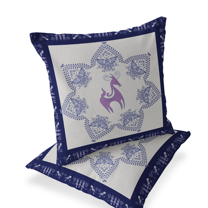 Set of Two 16" X 16" Blue and Purple Horse Blown Seam Eclectic Indoor Outdoor Throw Pillow