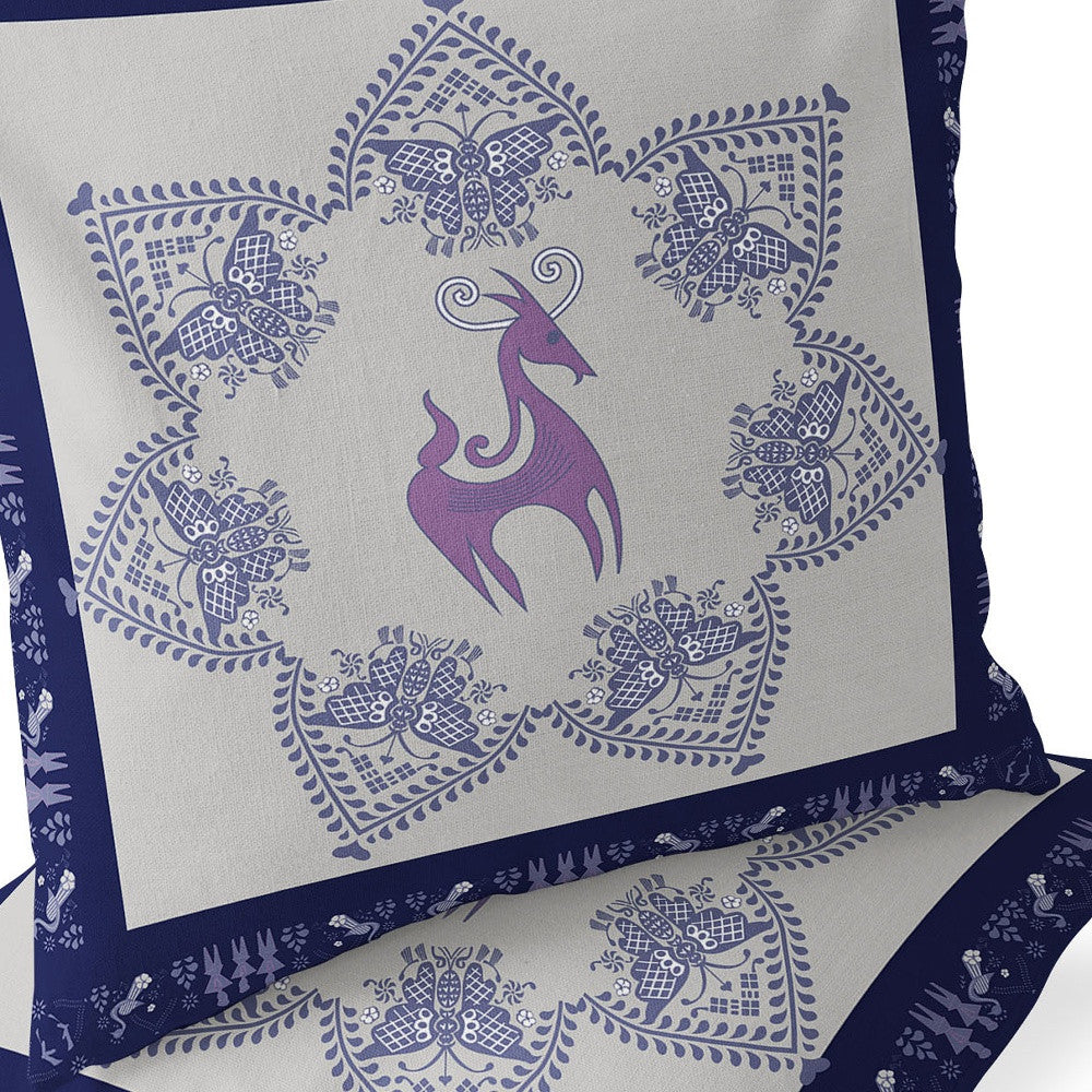 Set of Two 16" X 16" Blue and Purple Horse Blown Seam Eclectic Indoor Outdoor Throw Pillow