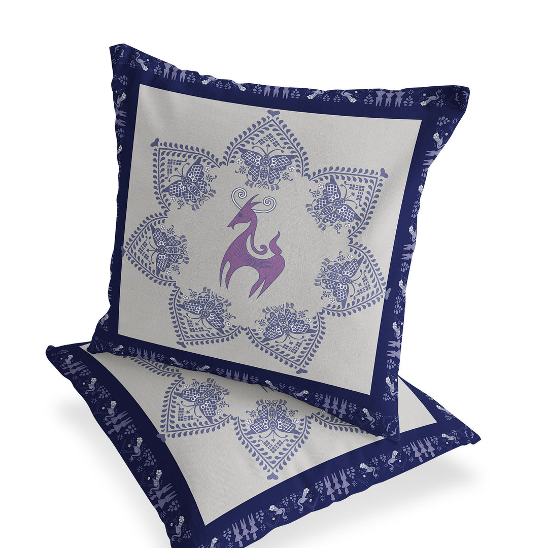 Set of Two 16" X 16" Blue and Purple Horse Blown Seam Eclectic Indoor Outdoor Throw Pillow