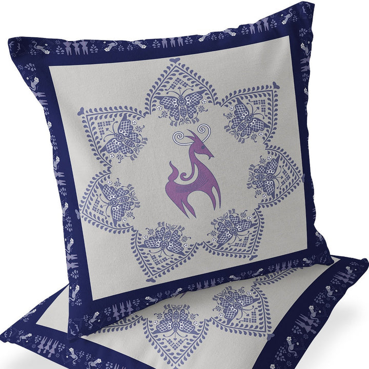 Set of Two 16" X 16" Blue and Purple Horse Blown Seam Eclectic Indoor Outdoor Throw Pillow