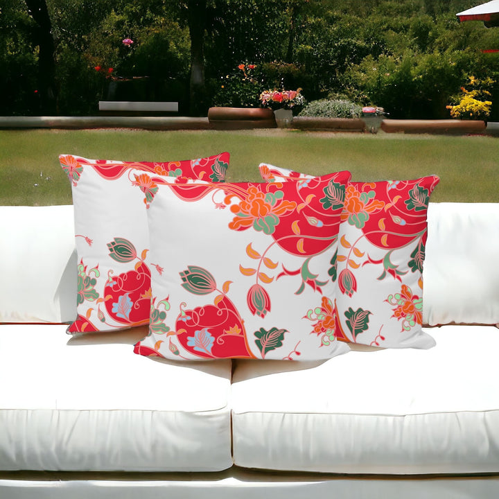 Set of Three 16" X 16" Red and White Botanical Indoor Outdoor Throw Pillow