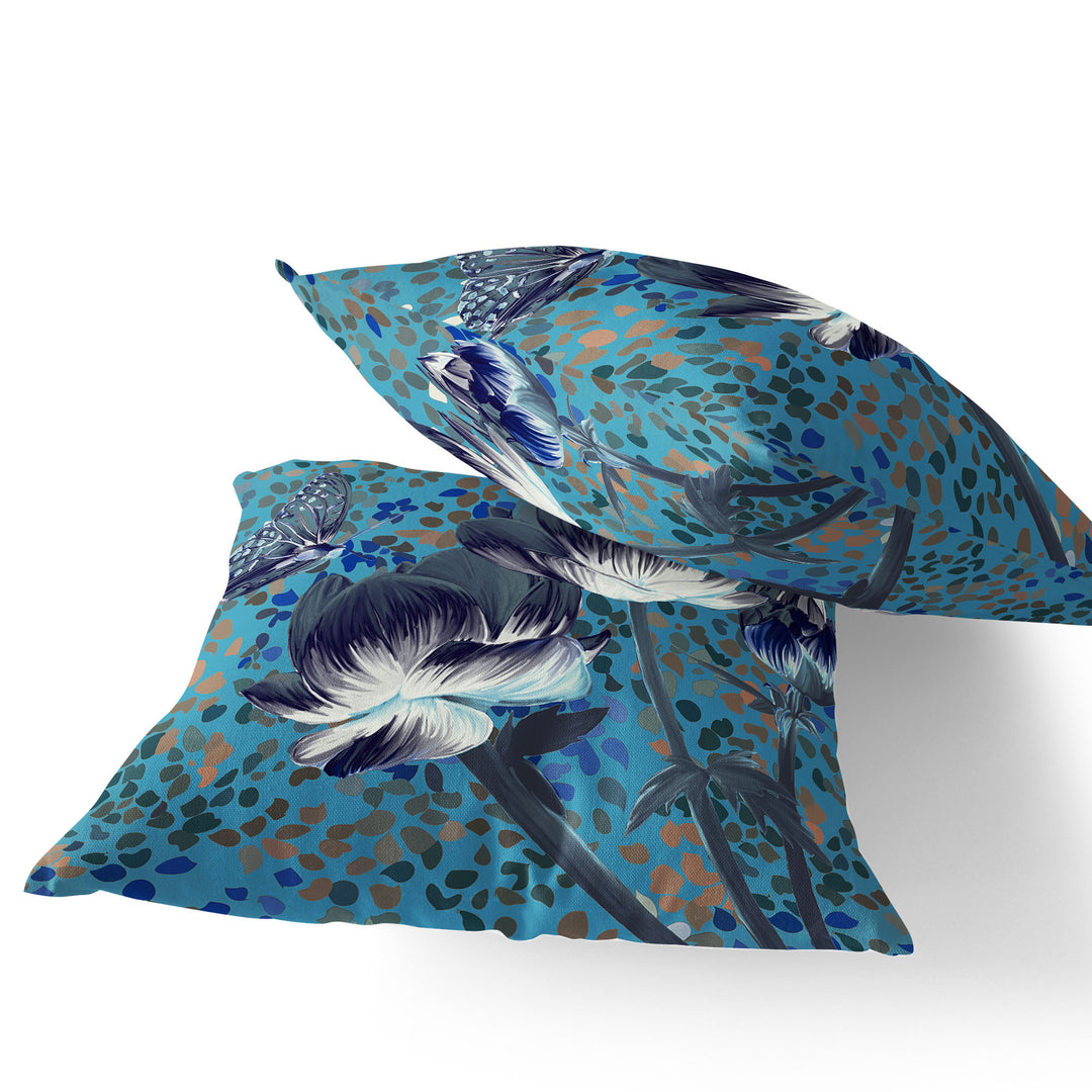 Set of Two 16" X 16" Blue and Green Butterfly Blown Seam Floral Indoor Outdoor Throw Pillow