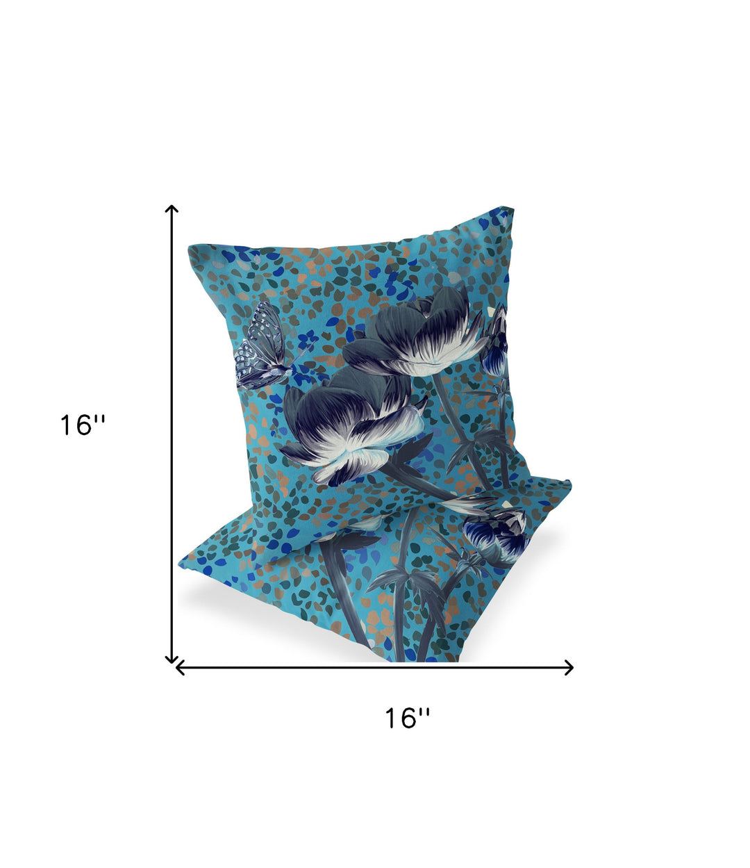 Set of Two 16" X 16" Blue and Green Butterfly Blown Seam Floral Indoor Outdoor Throw Pillow