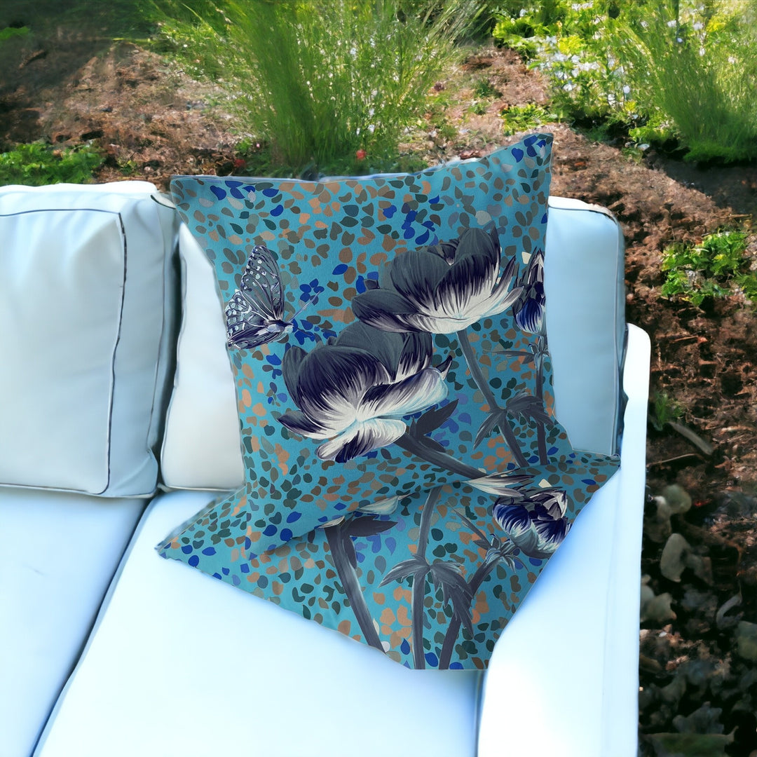 Set of Two 16" X 16" Blue and Green Butterfly Blown Seam Floral Indoor Outdoor Throw Pillow