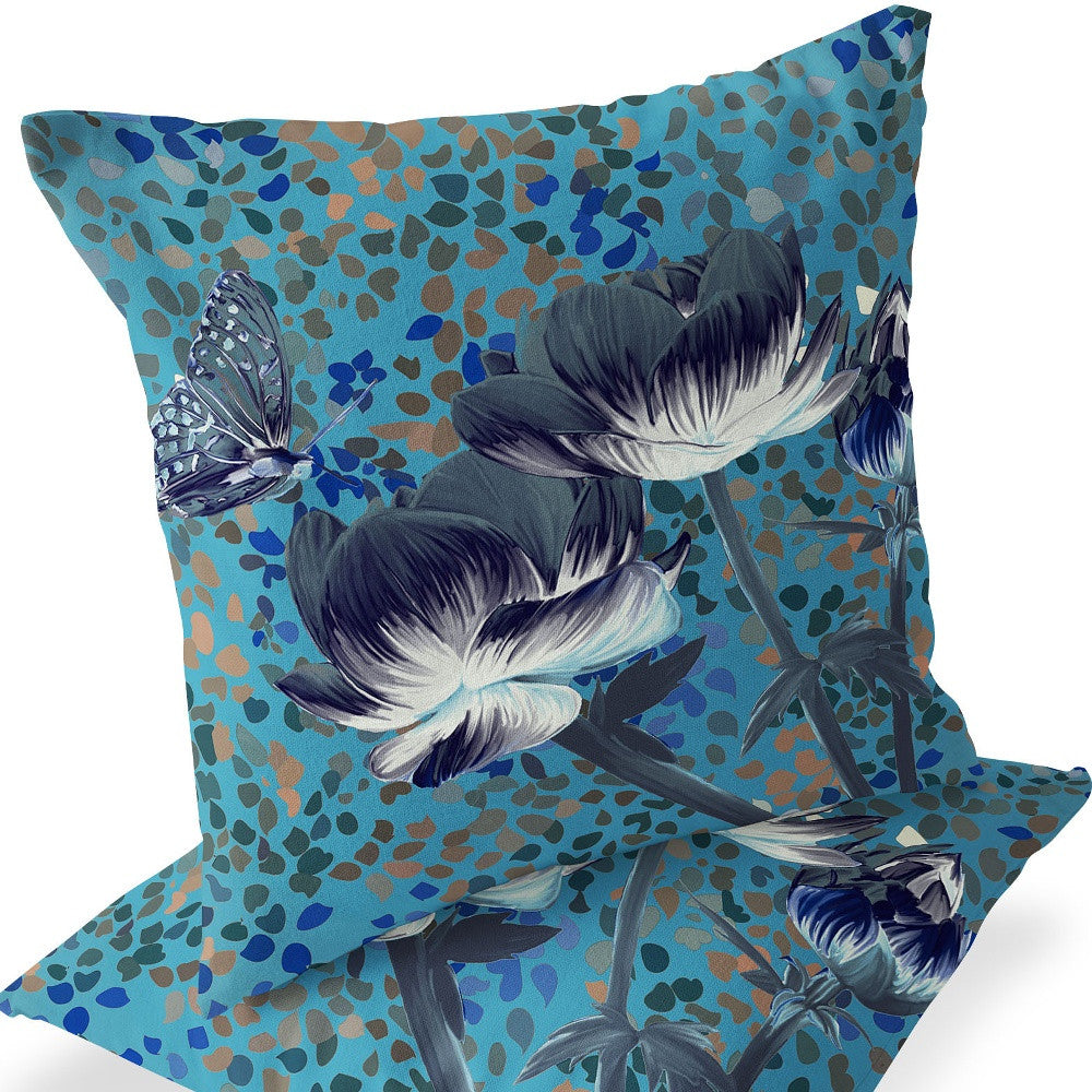 Set of Two 16" X 16" Blue and Green Butterfly Blown Seam Floral Indoor Outdoor Throw Pillow