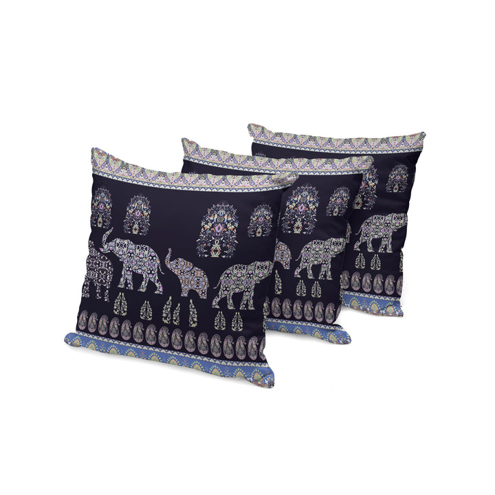 Set of Three 16" X 16" Blue and Purple Elephant Paisley Indoor Outdoor Throw Pillow