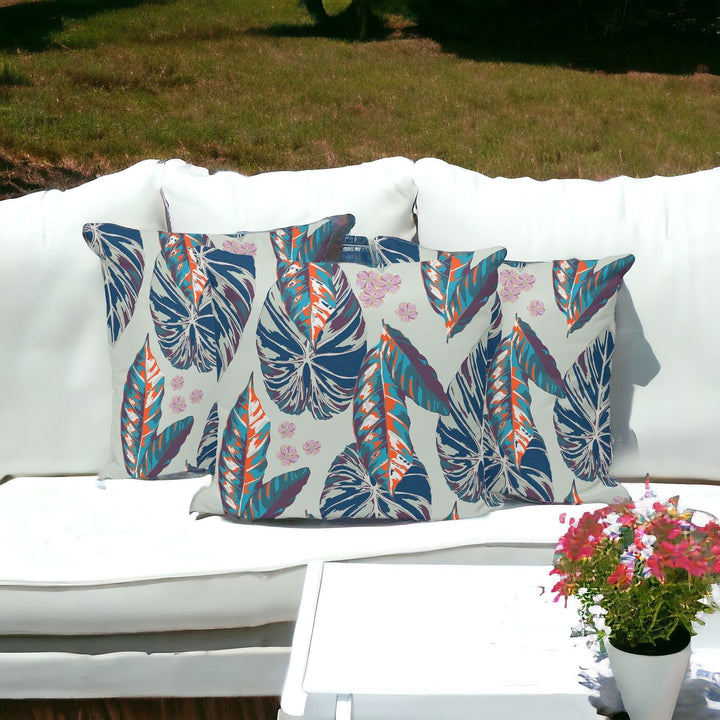 Set of Three 16" X 16" Blue and Gray Botanical Indoor Outdoor Throw Pillow