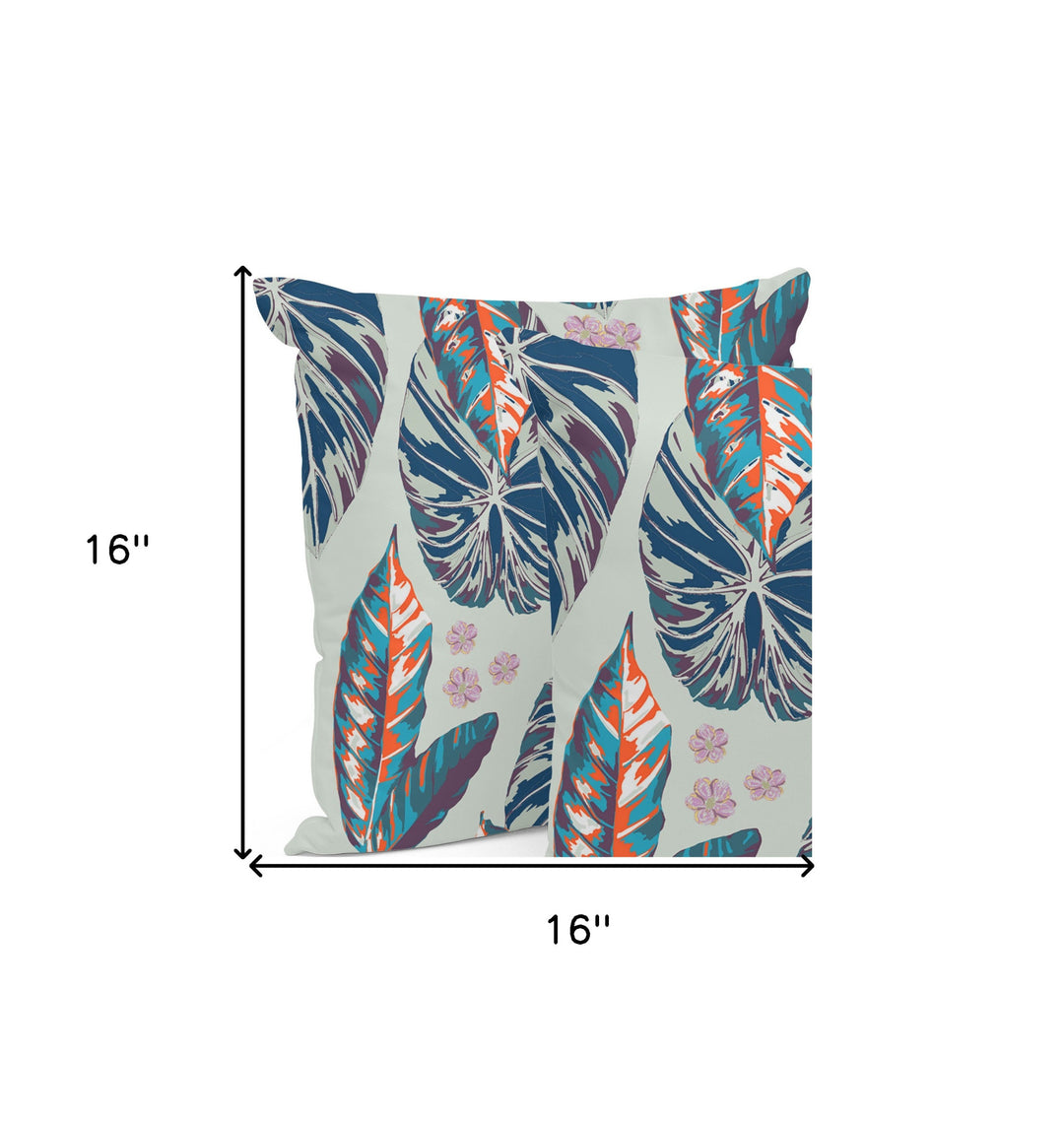 Set of Three 16" X 16" Blue and Gray Botanical Indoor Outdoor Throw Pillow