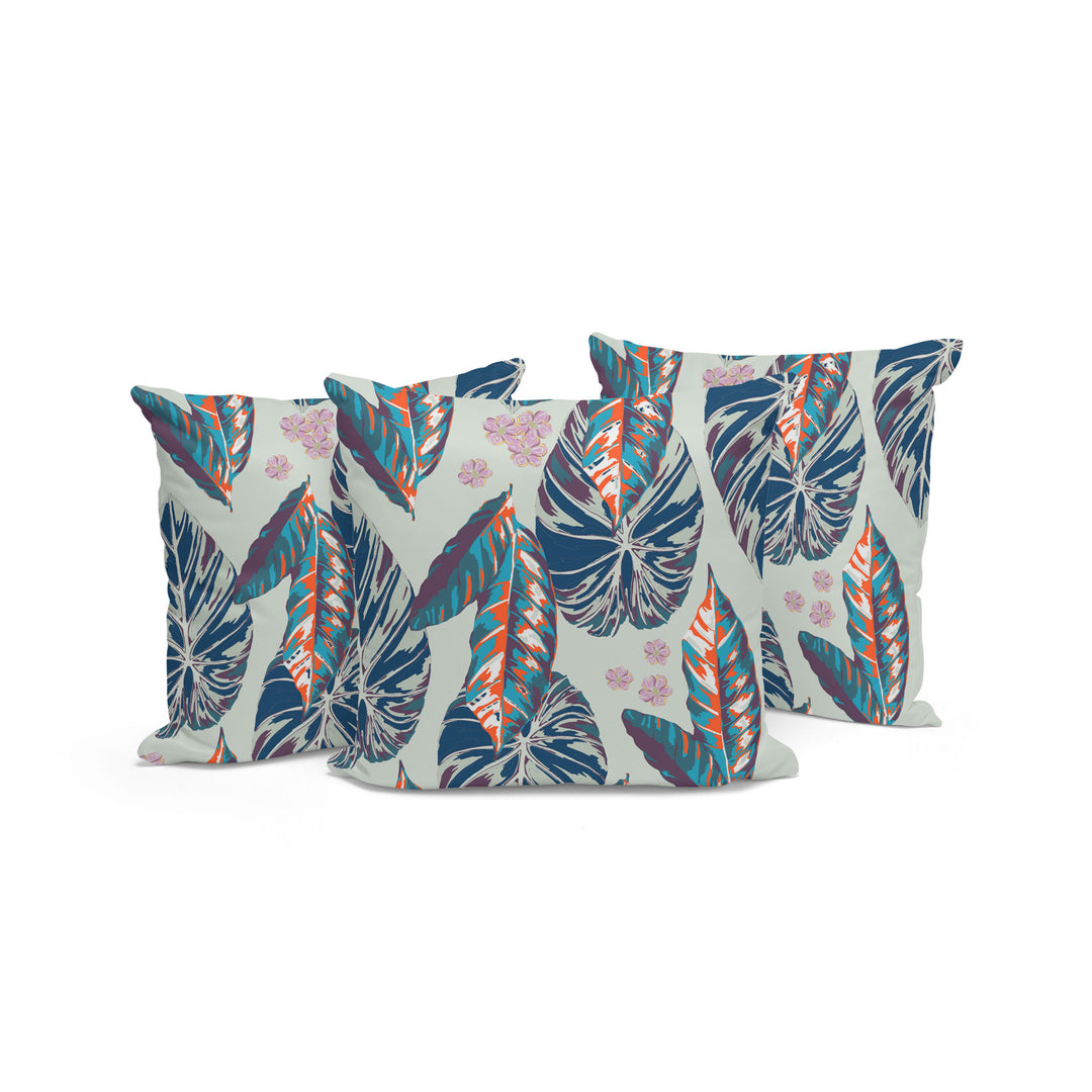 Set of Three 16" X 16" Blue and Gray Botanical Indoor Outdoor Throw Pillow