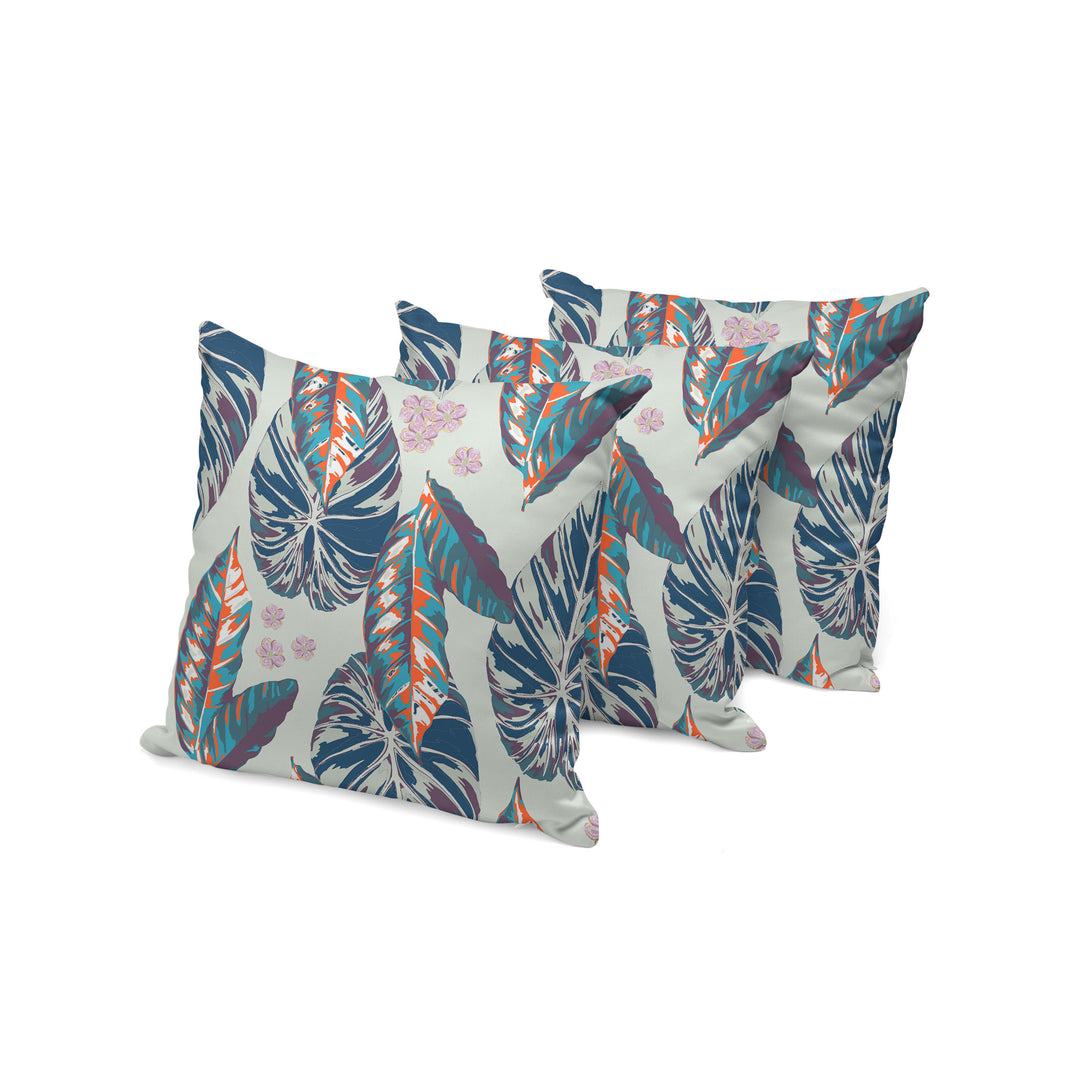 Set of Three 16" X 16" Blue and Gray Botanical Indoor Outdoor Throw Pillow