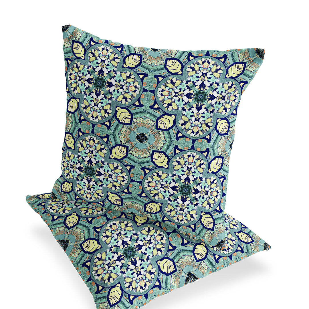 Set of Two 16" X 16" Green and Yellow Blown Seam Floral Indoor Outdoor Throw Pillow