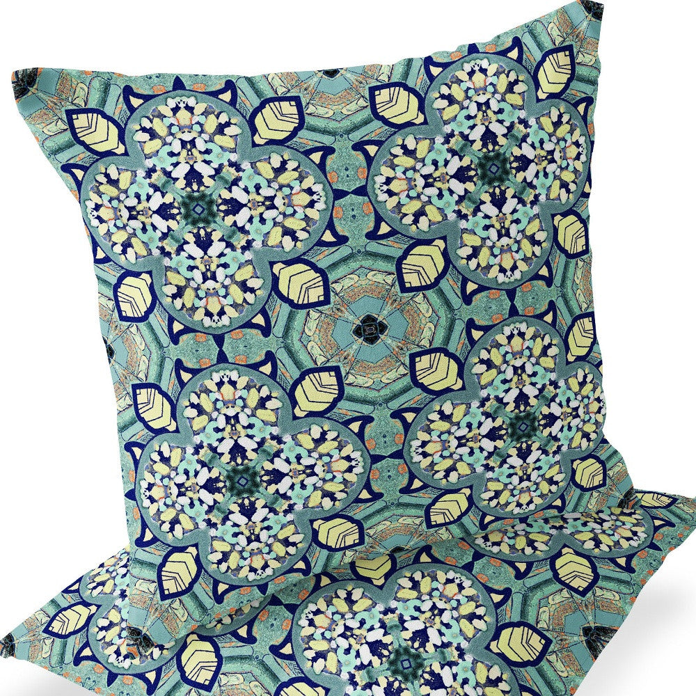 Set of Two 16" X 16" Green and Yellow Blown Seam Floral Indoor Outdoor Throw Pillow