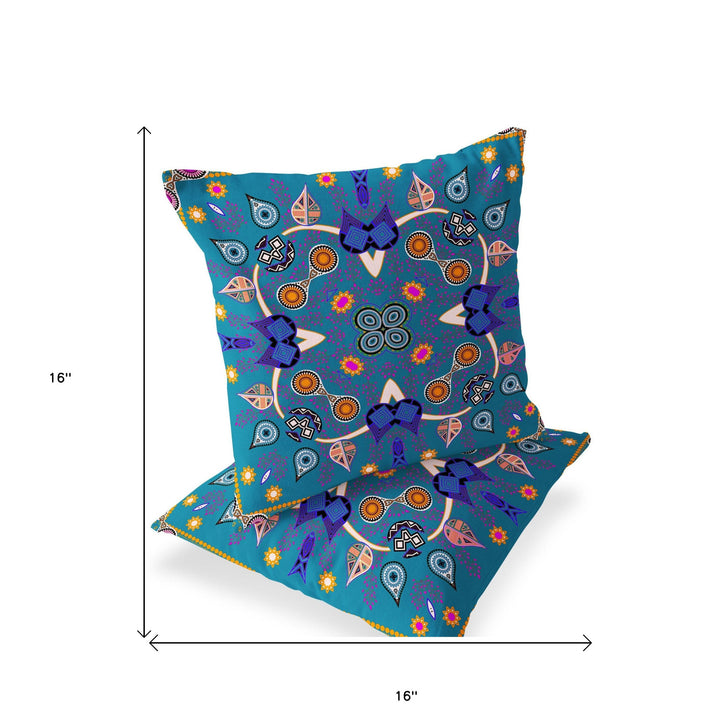 Set of Two 16" X 16" Blue Blown Seam Paisley Indoor Outdoor Throw Pillow