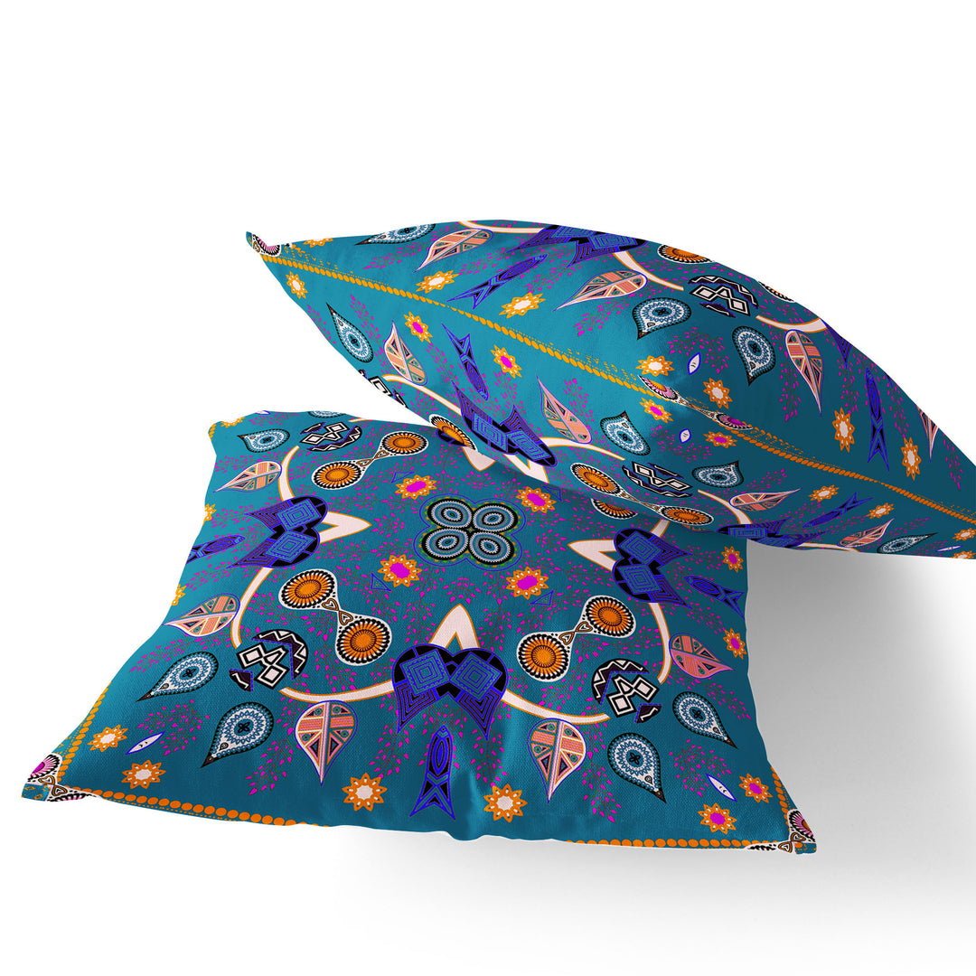 Set of Two 16" X 16" Blue Blown Seam Paisley Indoor Outdoor Throw Pillow