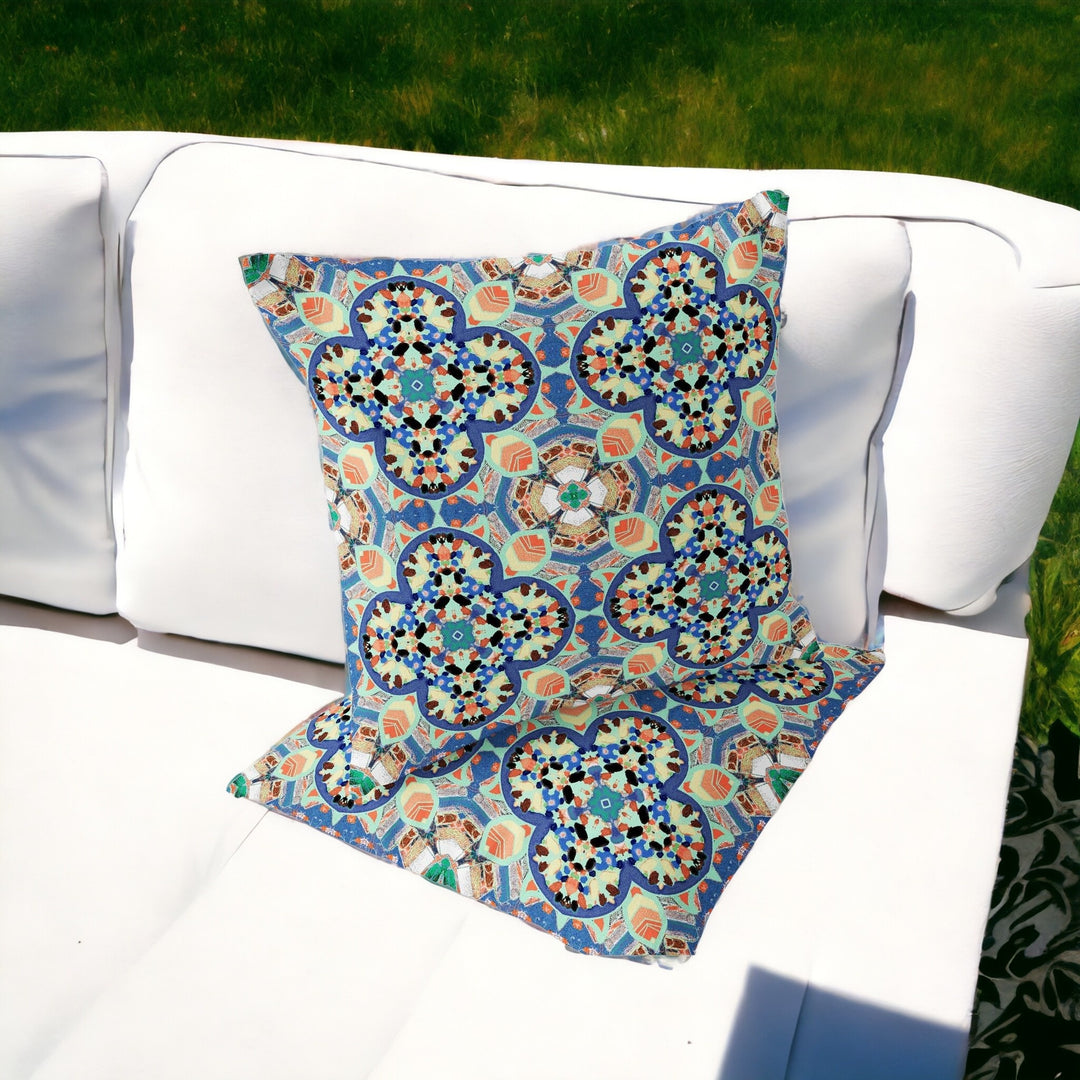 Set of Two 16" X 16" Blue and Purple Blown Seam Floral Indoor Outdoor Throw Pillow