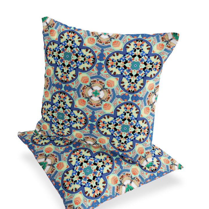 Set of Two 16" X 16" Blue and Purple Blown Seam Floral Indoor Outdoor Throw Pillow