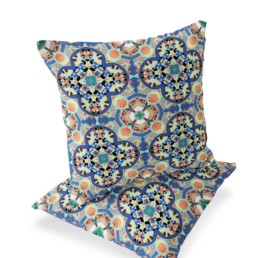 Set of Two 16" X 16" Blue and Purple Blown Seam Floral Indoor Outdoor Throw Pillow