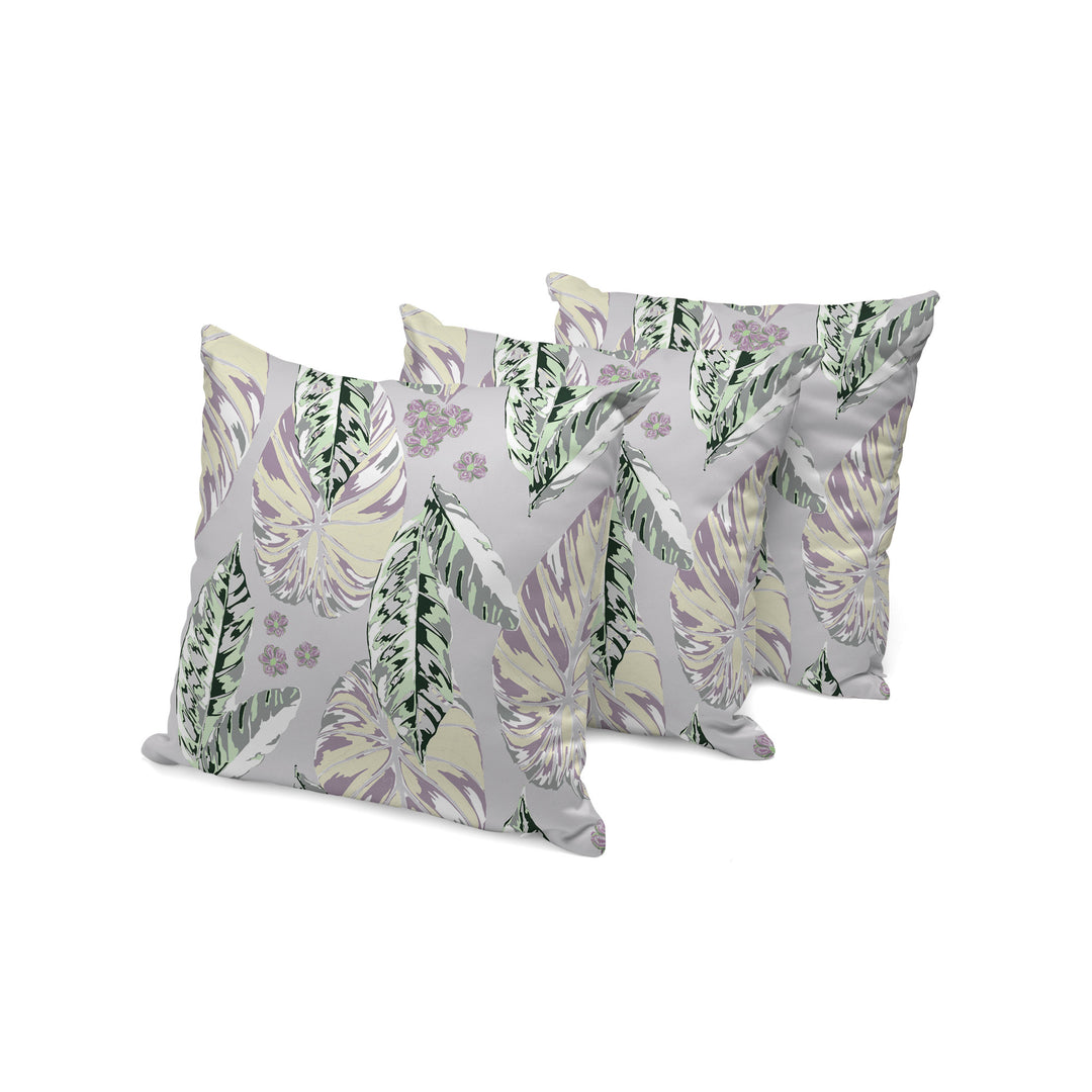 Set of Three 16" X 16" Gray and Purple Botanical Indoor Outdoor Throw Pillow